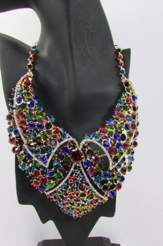 Red With Pink / Silver / Multi Colored Rhineston Bid Collar Metal Chains Necklace + Earrings Set New Women Fashion - alwaystyle4you - 1