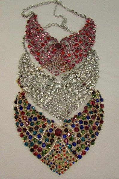 Red With Pink / Silver / Multi Colored Rhineston Bid Collar Metal Chains Necklace + Earrings Set New Women Fashion - alwaystyle4you - 2