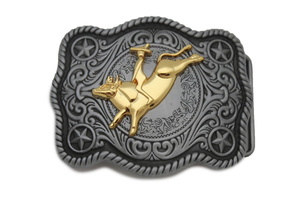 New Men Belt Buckle Dark Silver Metal Cowboy Western 3D Rodeo Bull Riding Gold - alwaystyle4you - 6