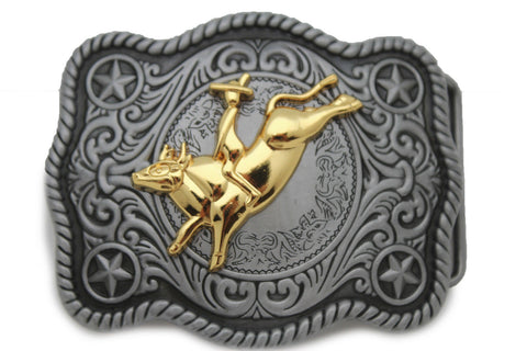 New Men Belt Buckle Dark Silver Metal Cowboy Western 3D Rodeo Bull Riding Gold - alwaystyle4you - 1