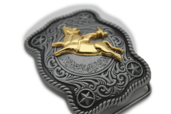 New Men Belt Buckle Dark Silver Metal Cowboy Western 3D Rodeo Bull Riding Gold - alwaystyle4you - 2