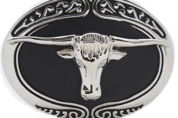 New Men Big Belt Buckle Western Cowboy Black Bull Skull Long Texas Horn Cow TX - alwaystyle4you - 1