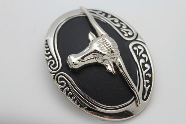 New Men Big Belt Buckle Western Cowboy Black Bull Skull Long Texas Horn Cow TX - alwaystyle4you - 5