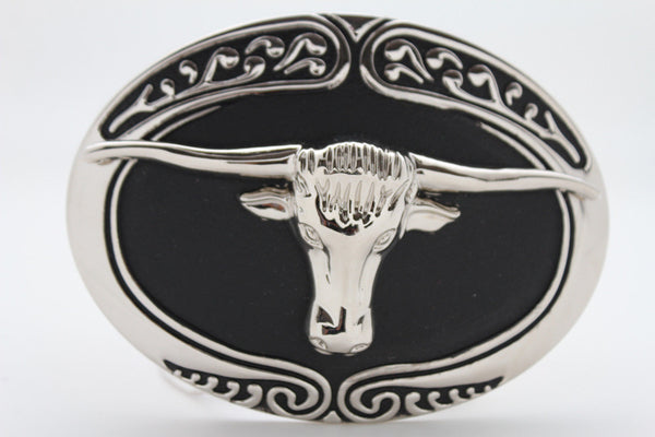 Silver Metal Black Bull Skull Long Horn Cow TX Big Belt Buckle Men Rodeo Style Accessories