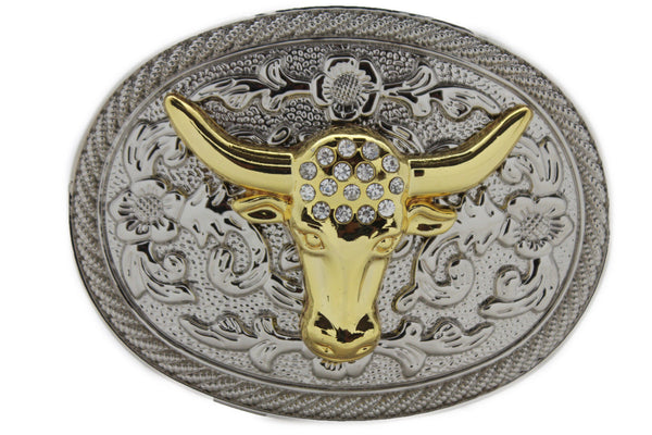 New Men Big Belt Buckle Western Cowboy Bull Long Texas Horn Cow Silver Gold Bead - alwaystyle4you - 1