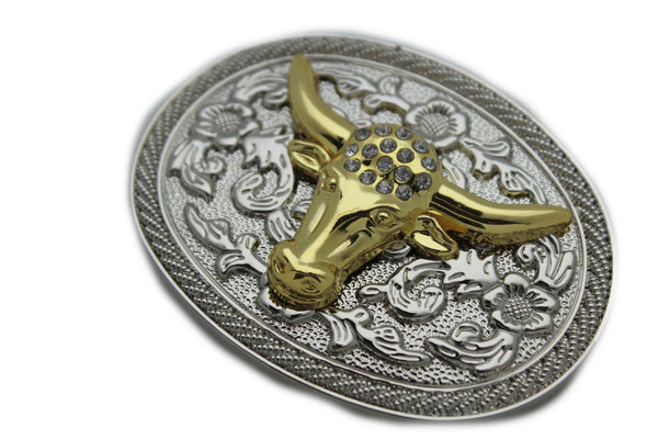 New Men Big Belt Buckle Western Cowboy Bull Long Texas Horn Cow Silver Gold Bead - alwaystyle4you - 2