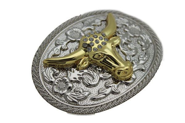 New Men Big Belt Buckle Western Cowboy Bull Long Texas Horn Cow Silver Gold Bead - alwaystyle4you - 4