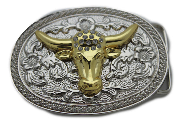 Silver Metal Big Oval Belt Buckle Gold Bull Head Long Texas Horn Cow New Men Accessories