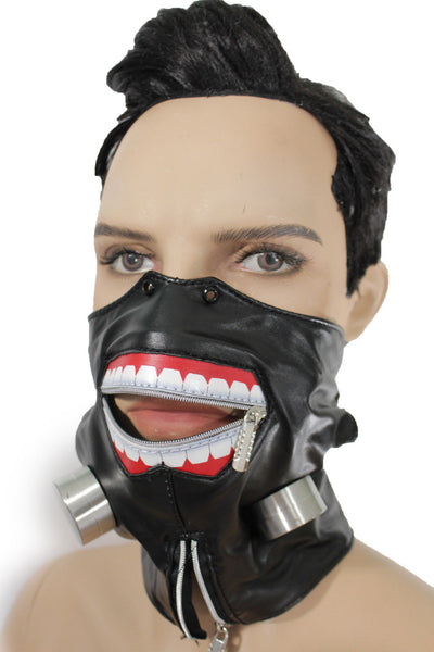 Black Faux Leather Biohazard Zipper Mouth Muzzle S&M Face Mask Halloween Accessories