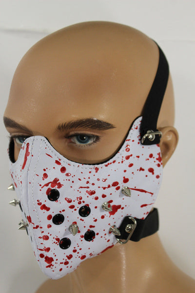 White Faux Leather Hannibal Blood Spikes Mouth Muzzle S&M Face Mask Halloween Accessories