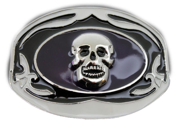Black White Big Buckle  Silver Skull Skeleton Halloween Oval Gothic Men Women Accessories