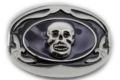 Black White Big Buckle  Silver Skull Skeleton Halloween Oval Gothic Men Women Accessories