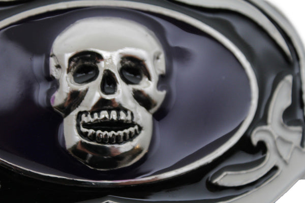 Black White Big Buckle  Silver Skull Skeleton Halloween Oval Gothic Men Women Accessories