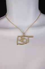 Gold Long Chains OK Oklahoma Pendant Necklace  + Earrings Set New Women 18" Fashion - alwaystyle4you - 2