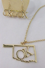Gold Long Chains OK Oklahoma Pendant Necklace  + Earrings Set New Women 18" Fashion - alwaystyle4you - 3
