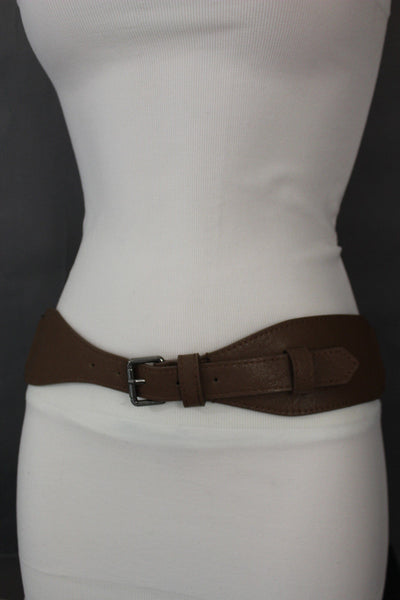 Brown / Black Elastic Stretch Back Band Hip High Waist Belt Metal Buckle New Women Fashion Accessories Size S M - alwaystyle4you - 18