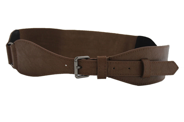 Brown / Black Elastic Stretch Back Band Hip High Waist Belt Metal Buckle New Women Fashion Accessories Size S M - alwaystyle4you - 11
