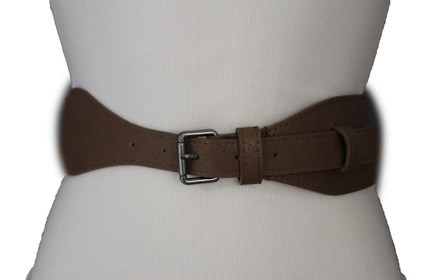 Brown Black Elastic Stretch Back Band Hip High Waist Belt Metal Buckle Women Accessories Size S M