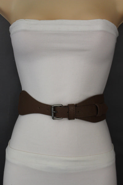 Brown / Black Elastic Stretch Back Band Hip High Waist Belt Metal Buckle New Women Fashion Accessories Size S M - alwaystyle4you - 20