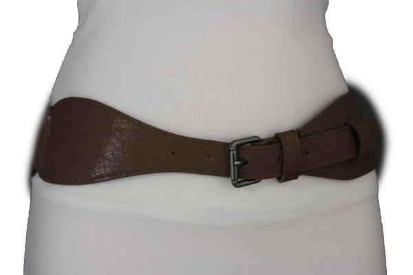 Brown / Black Elastic Stretch Back Band Hip High Waist Belt Metal Buckle New Women Fashion Accessories Size S M - alwaystyle4you - 21