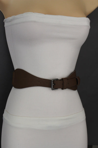 Brown / Black Elastic Stretch Back Band Hip High Waist Belt Metal Buckle New Women Fashion Accessories Size S M - alwaystyle4you - 24