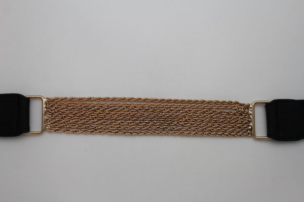 Black Elastic Belt Multi Layer Pewter Metal Chains 8 Strands Women Fashion Accessories S M