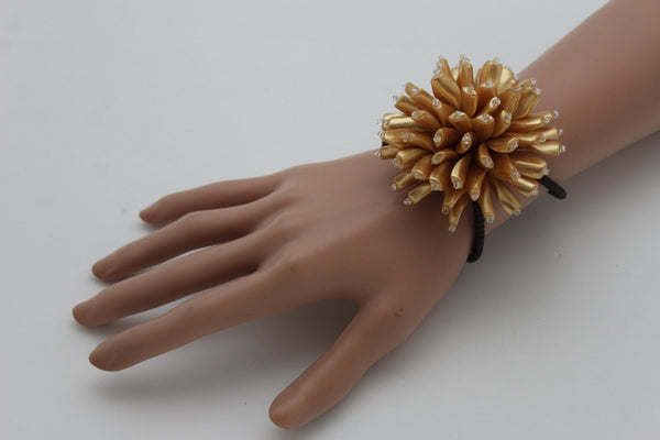 Charm & Black / Cream White / Cream Gold / Cream Pink Elastic Cuff Bracelet Band Big Cream Flower New Women Fashion Jewelry Accessories - alwaystyle4you - 2