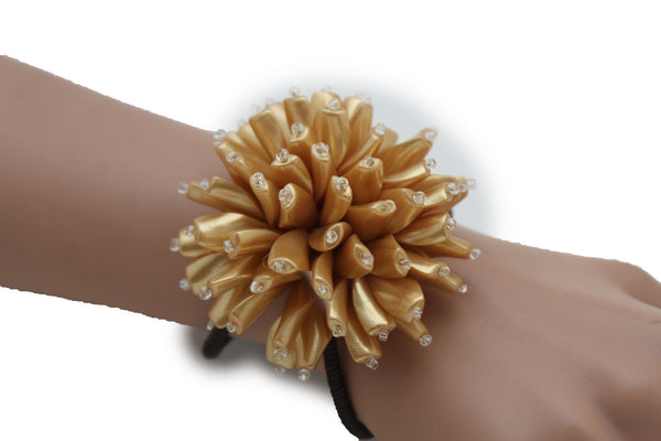 Charm & Black / Cream White / Cream Gold / Cream Pink Elastic Cuff Bracelet Band Big Cream Flower New Women Fashion Jewelry Accessories - alwaystyle4you - 24