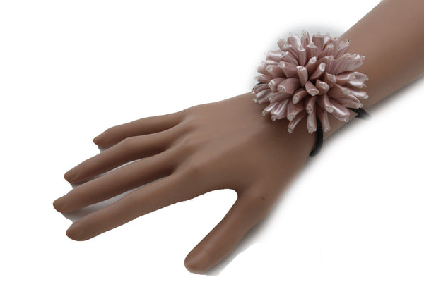 Charm & Black / Cream White / Cream Gold / Cream Pink Elastic Cuff Bracelet Band Big Cream Flower New Women Fashion Jewelry Accessories - alwaystyle4you - 3
