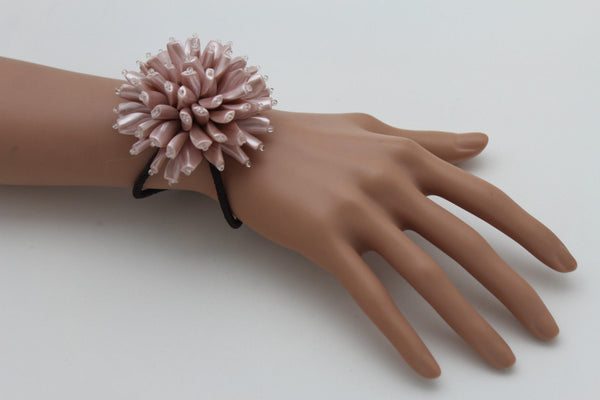 Charm & Black / Cream White / Cream Gold / Cream Pink Elastic Cuff Bracelet Band Big Cream Flower New Women Fashion Jewelry Accessories - alwaystyle4you - 26