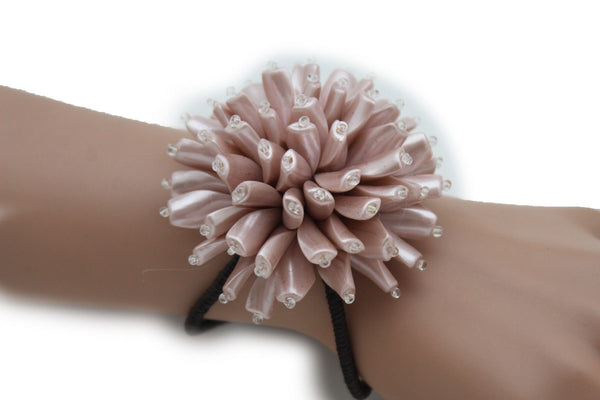 Charm & Black / Cream White / Cream Gold / Cream Pink Elastic Cuff Bracelet Band Big Cream Flower New Women Fashion Jewelry Accessories - alwaystyle4you - 29