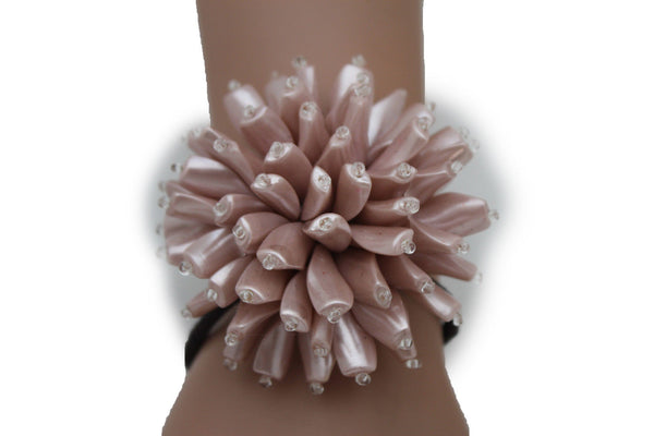 Charm & Black / Cream White / Cream Gold / Cream Pink Elastic Cuff Bracelet Band Big Cream Flower New Women Fashion Jewelry Accessories - alwaystyle4you - 31
