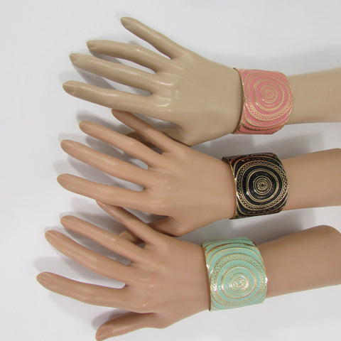 Gold With Pink / Black / Metal 2" Wide Cuff Bracelet Hand Trendy Fashion New Women Jewelry Accessories - alwaystyle4you - 1