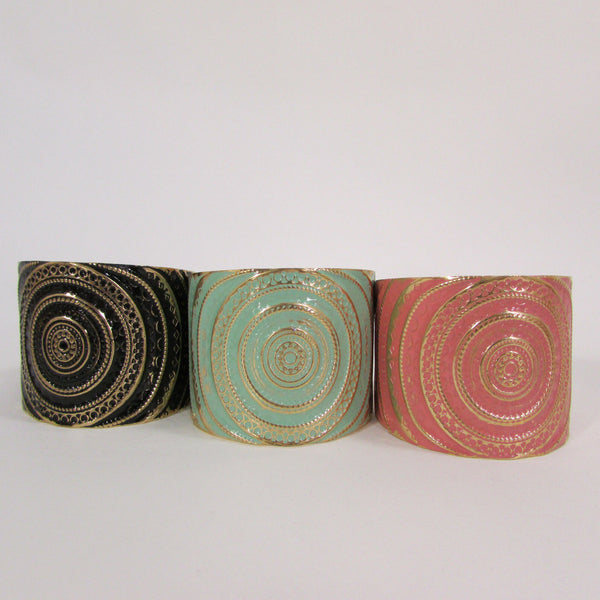 Gold With Pink / Black / Metal 2" Wide Cuff Bracelet Hand Trendy Fashion New Women Jewelry Accessories - alwaystyle4you - 5