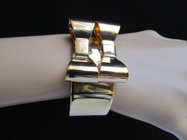 Gold Metal Bracelet Cuff Two Double Bows One Size Fits All New Women Fashion Jewelry Accessories