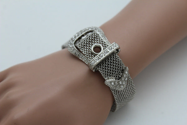 Silver Metal Wrist Bangle Bracelet Rhinestones Belt Buckle Charm Women Jewelry Accessories