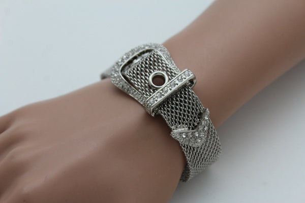 Silver Metal Wrist Bangle Bracelet Rhinestones Belt Buckle Charm New Women Fashion Jewelry Accessories - alwaystyle4you - 1