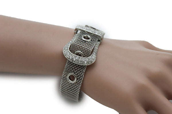 Silver Metal Wrist Bangle Bracelet Rhinestones Belt Buckle Charm New Women Fashion Jewelry Accessories - alwaystyle4you - 6