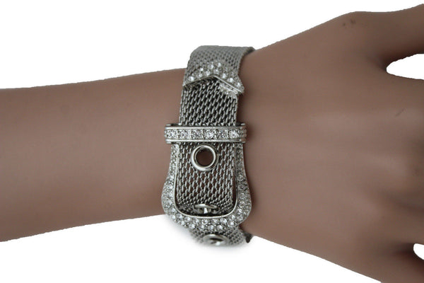 Silver Metal Wrist Bangle Bracelet Rhinestones Belt Buckle Charm New Women Fashion Jewelry Accessories - alwaystyle4you - 9