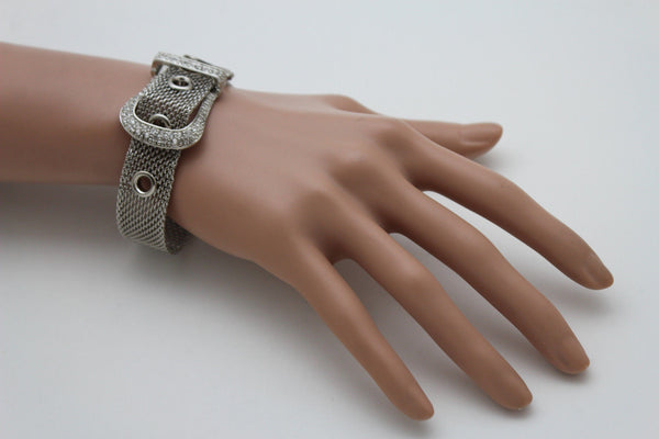 Silver Metal Wrist Bangle Bracelet Rhinestones Belt Buckle Charm New Women Fashion Jewelry Accessories - alwaystyle4you - 11
