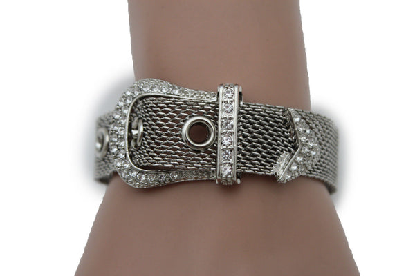 Silver Metal Wrist Bangle Bracelet Rhinestones Belt Buckle Charm New Women Fashion Jewelry Accessories - alwaystyle4you - 2