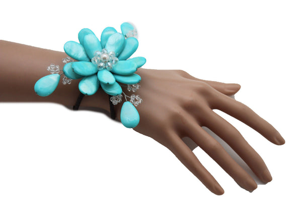 Blue Turquoise Beads Elastic Bracelet Flower Cuff Band New Women Fashion Jewelry Accessories - alwaystyle4you - 12