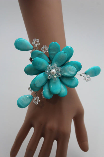 Blue Turquoise Beads Elastic Bracelet Flower Cuff Band New Women Fashion Jewelry Accessories - alwaystyle4you - 4