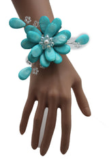 Blue Turquoise Beads Elastic Bracelet Flower Cuff Band New Women Fashion Jewelry Accessories - alwaystyle4you - 1