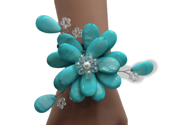 Blue Turquoise Beads Elastic Bracelet Flower Cuff Band New Women Fashion Jewelry Accessories - alwaystyle4you - 5