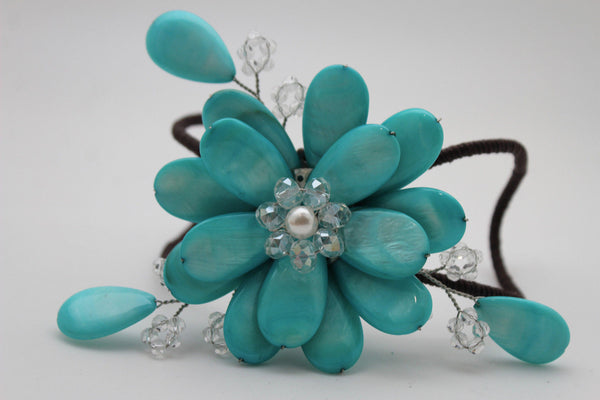 Blue Turquoise Beads Elastic Bracelet Flower Cuff Band New Women Fashion Jewelry Accessories - alwaystyle4you - 6