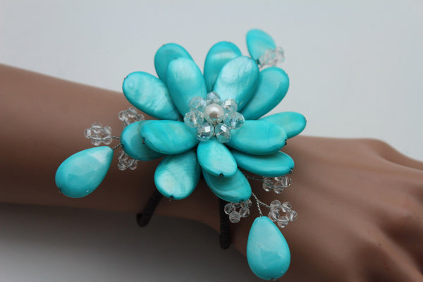 Blue Turquoise Beads Elastic Bracelet Flower Cuff Band New Women Fashion Jewelry Accessories - alwaystyle4you - 7