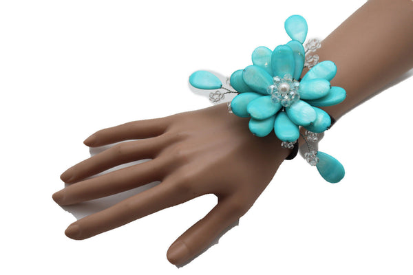 Blue Turquoise Beads Elastic Bracelet Flower Cuff Band New Women Fashion Jewelry Accessories - alwaystyle4you - 8
