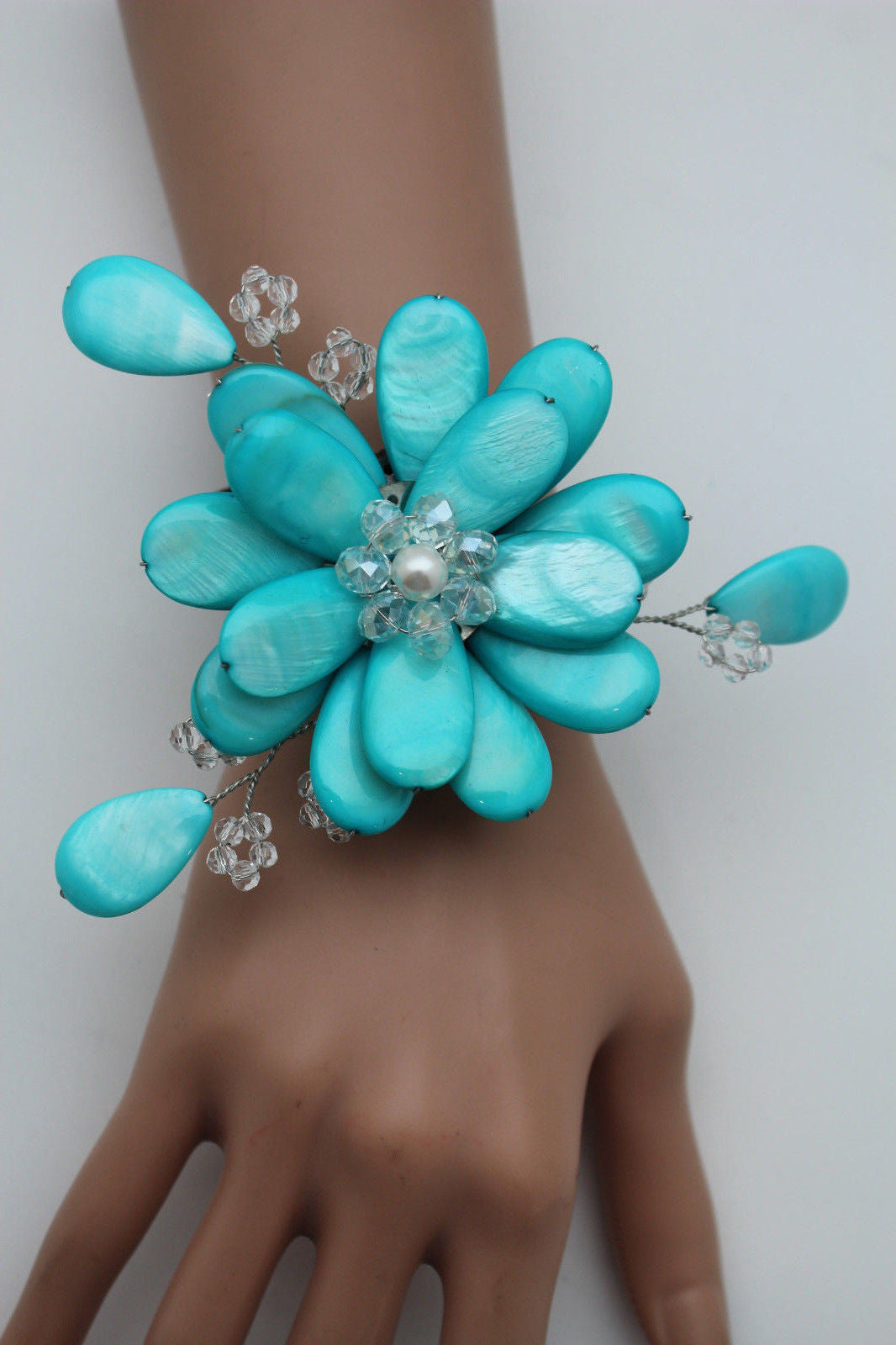 Blue Turquoise Beads Elastic Bracelet Flower Cuff Band Women Fashion Jewelry Accessories - alwaystyle4you - 9