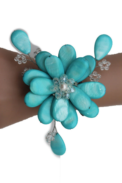 Blue Turquoise Beads Elastic Bracelet Flower Cuff Band New Women Fashion Jewelry Accessories - alwaystyle4you - 10